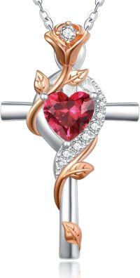 wholesale Sterling Silver Rose Cross Pendant Necklace for Women-07-Jul-Ruby Red-07-Jul-Ruby Red