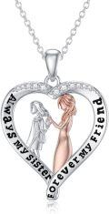wholesale 925 Sterling Silver Heart-Shaped Sister and Friend Pendant Necklace with CZ Stones - Always My Sister Forever My Friend (18 + 2 inch)-0-0