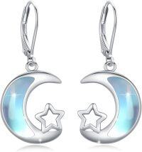 wholesale 925 Sterling Silver & Artificial Moonstone Moon Star Earrings 13.9-16mm Hypoallergenic Gift for Women-Silver;blue