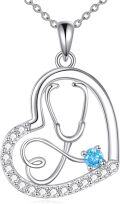 wholesale 925 Sterling Silver Heart Shaped Stethoscope Pendant Necklace for Nurses Gifts with Blue Crystal Stone and Cubic Zirconia Accents-0-0