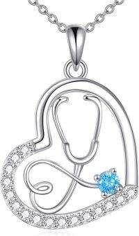 wholesale 925 Sterling Silver Heart Shaped Stethoscope Pendant Necklace for Nurses Gifts with Blue Crystal Stone and Cubic Zirconia Accents-Stethoscope