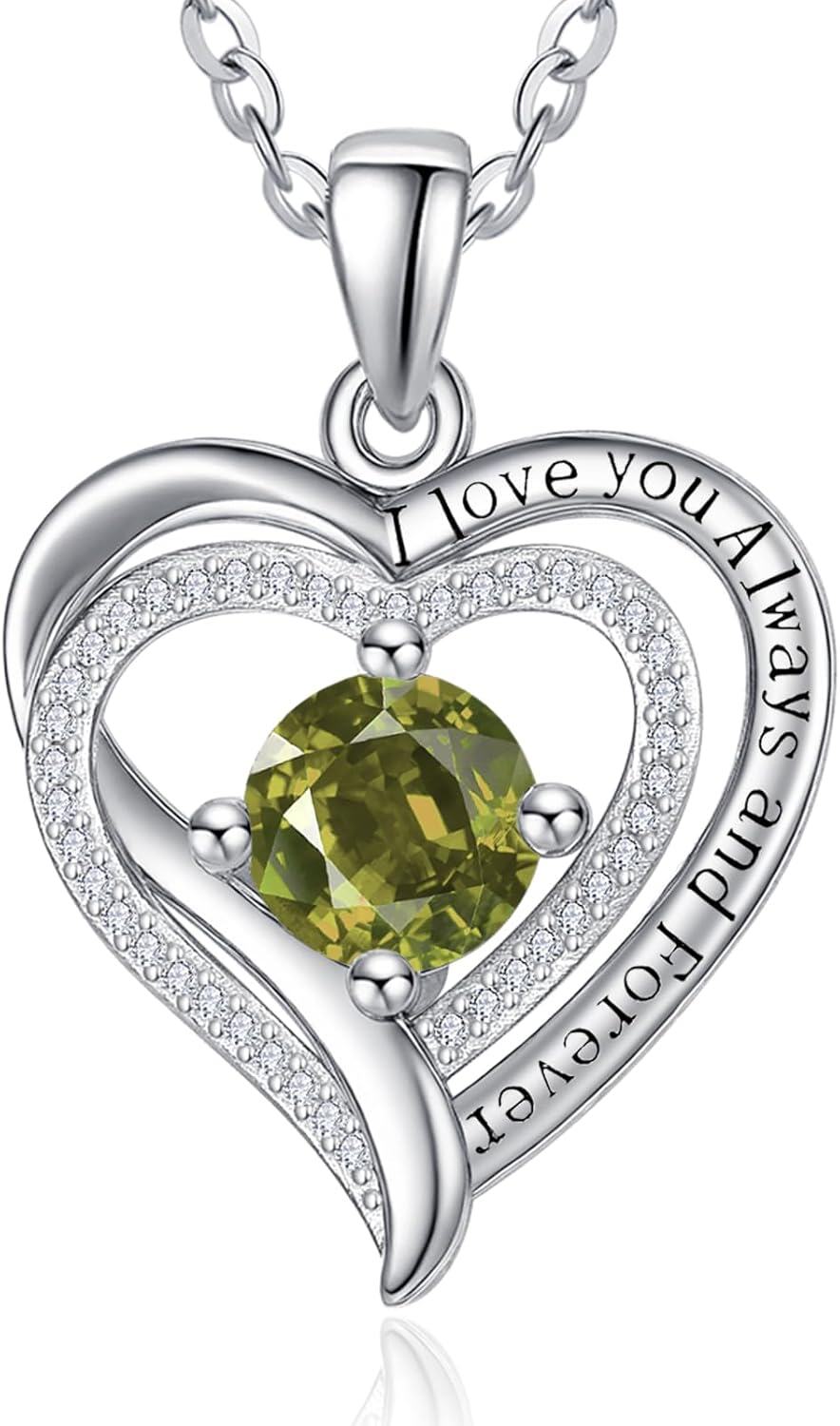 Sterling Silver White Gold Heart Pendant Necklace w Birthstone for Women-08-Aug