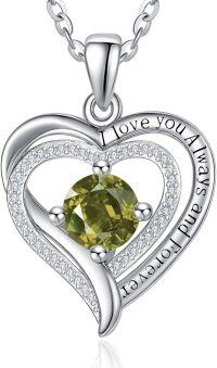 wholesale Sterling Silver White Gold Heart Pendant Necklace w Birthstone for Women-08-Aug