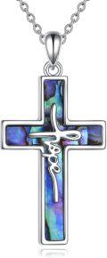 wholesale 925 Sterling Silver Abalone Shell Inlay Cross Pendant Necklace with Hope Inscription for Women and Men Christian Faith  45cm Chain Length-0-0