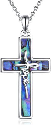 wholesale 925 Sterling Silver Abalone Shell Inlay Cross Pendant Necklace with Hope Inscription for Women and Men Christian Faith  45cm Chain Length-Hope