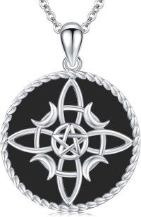 wholesale 925 Sterling Silver Pentagram Witch's Knot Pendant with Black Onyx and Moon Phase Design Necklace-A5-Black Agate