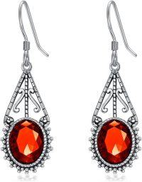 wholesale Sterling Silver 10mm Oval Cut Birthstone Oxidized Filigree Dangle Earrings-01-Garnet-Red