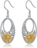 wholesale 925 Sterling Silver Oval Sunflower Dangle Leverback Earrings Gold Plated 3D Floral Design-0-0