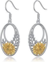 wholesale 925 Sterling Silver Oval Sunflower Dangle Leverback Earrings Gold Plated 3D Floral Design-Sunflower3