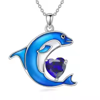 wholesale 925 Sterling Silver Birthstone Blue Dolphin Pendant Necklace-September