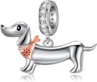 wholesale Sterling Silver & CZ Dachshund Charm with Orange Bandana, 1.12cm Dog Lover Jewelry Gift-Dachshund