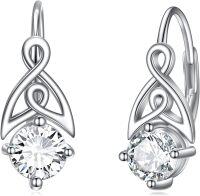 wholesale 925 Sterling Silver White Topaz Celtic Trinity Knot Leverback Earrings, April Birthstone AAA CZ, White Gold Plated-04-April