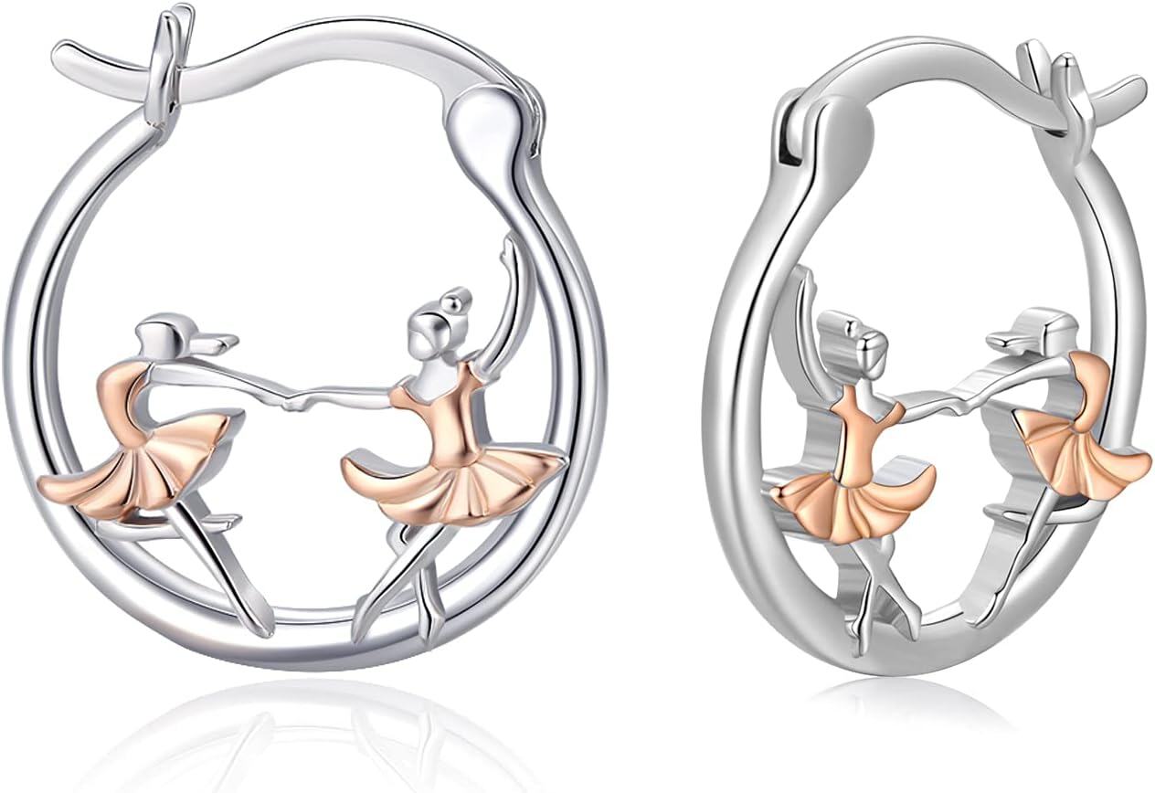 925 Sterling Silver Rose Gold Ballet Dancer Ballerina Huggie Hoop Earrings for Sensitive Ears-0-0