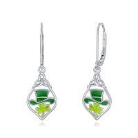 wholesale 925 Sterling Silver Green Enamel Irish Hat & Shamrock Drop Earrings for Women - Saint Patricks Day Jewelry-Shamrock
