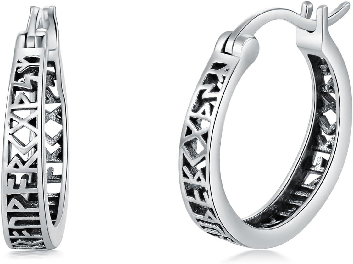 Sterling Silver Hypoallergenic Small Hoop Sun Leaf Triangle Huggie Earrings for Women-Runes-Oxidizied-Runes-Oxidizied