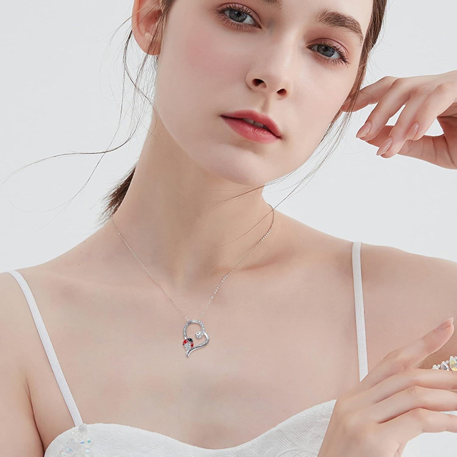 wholesale 925 Sterling Silver Heart-Shaped Ladybug Pendant Necklaces for Women and Girls - Grandma Gift I Love You Forever Jewelry Set-0-1