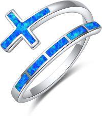 wholesale 925 Sterling Silver Evil Eye Skull Semicolon Cross Mushroom Dinosaur Adjustable Open Rings-opal cross