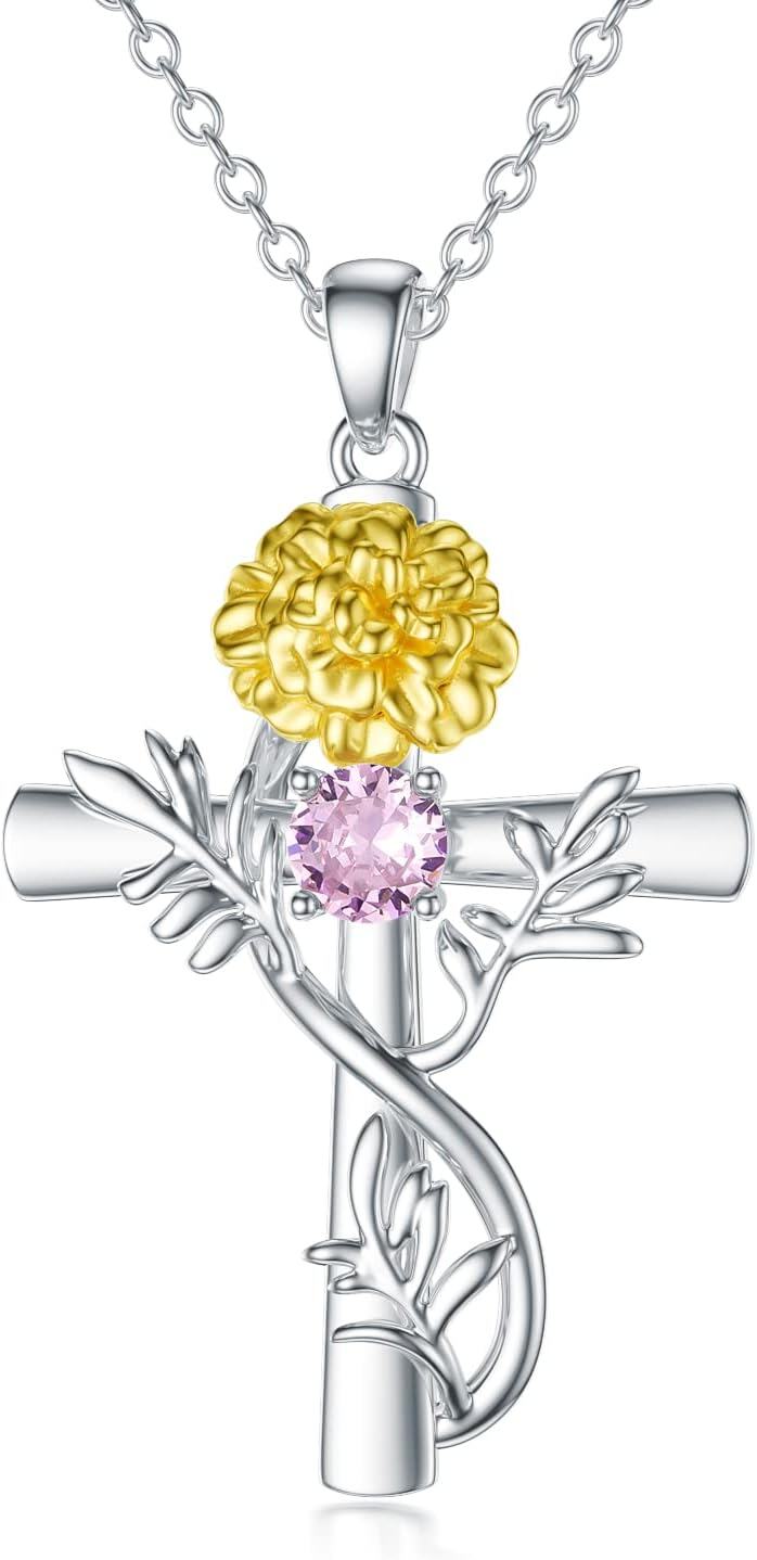 Sterling Silver 12 Birthstone Flower Pendant Necklace for Women-10-October-Marigold