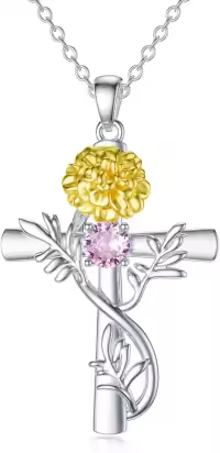 wholesale 925 Sterling Silver 12 Birthstone Flower Pendant Necklace Wholesale for Women-10-October-Marigold