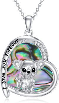 wholesale 925 Sterling Silver Heart Shaped Abalone Shell and Cubic Zirconia Chihuahua Pendant Necklace for Women Dog Lovers-Chihuahua Necklace