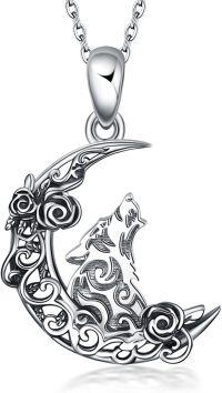 wholesale 925 Sterling Silver Crescent Moon Wolf Pendant Necklace With Roses-D-Moon Wolf