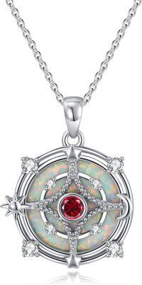 wholesale  925 Sterling Silver White Opal & Zircon July Birthstone Pendant Necklace with Sun Moon Stars Compass Design-07 Jul -White