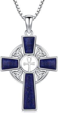 wholesale 925 Sterling Silver & Lapis Lazuli Celtic Cross Trinity Knot Pendant Necklace-Ankh