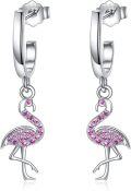 wholesale 925 Sterling Silver Pink Flamingo Huggie Hoop Earrings with Cubic Zirconia Stones for Women-0-0