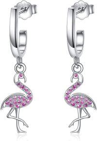 wholesale 925 Sterling Silver Pink Flamingo Huggie Hoop Earrings with Cubic Zirconia Stones for Women-Flamingo