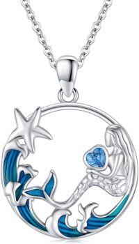 wholesale 925 Sterling Silver Mermaid Pendant Necklace with Blue Enamel Waves and Starfish Charm - Beach s for Women & Girls-Mermaid