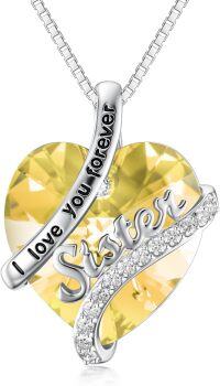 wholesale Sterling Silver Birthstone Sister Necklaces Heart Jewelry Gifts for Sister Birthday Anniversary Valentine s Day-11-Nov - Citrine