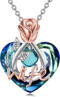 wholesale 925 Sterling Silver Blue Crystal Heart Rose Flower Love Necklace Gifts for Mom Grandma Nana Wife Aunt Daughter Birthday Jewelry-0-0