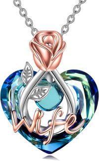 wholesale 925 Sterling Silver Blue Crystal Heart Rose Flower Love Necklace Gifts for Mom Grandma Nana Wife Aunt Daughter Birthday Jewelry-Wife Necklace with Crystal-Rose flower