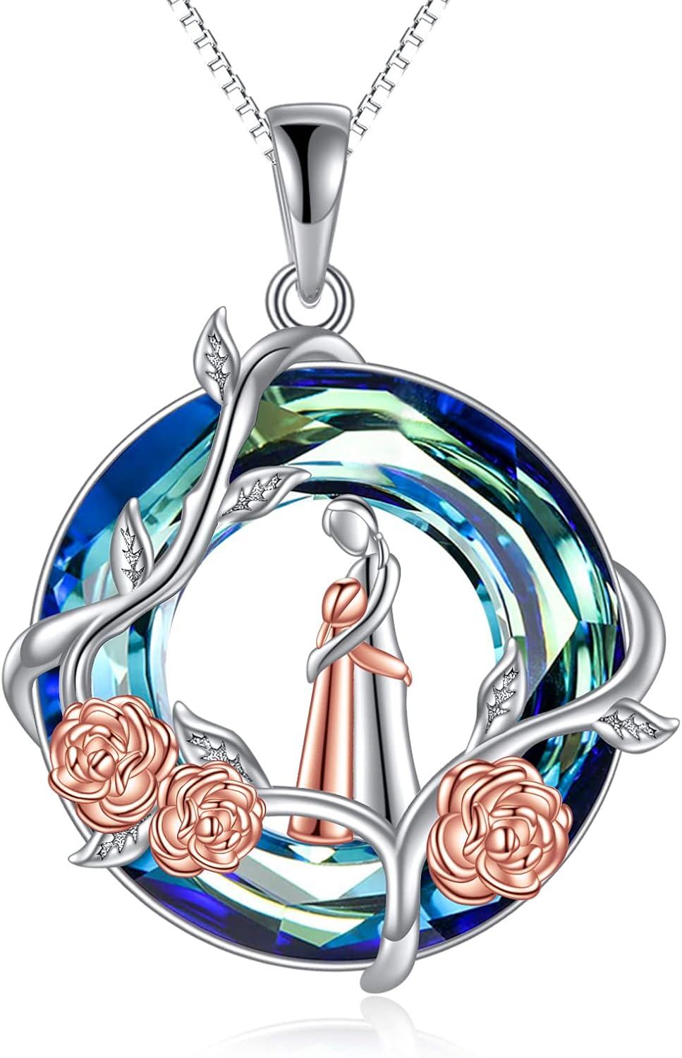 Sterling Silver Blue Crystal Mother and Children Rose Flower Necklace Gift for Mom-A-Mother Daughter B