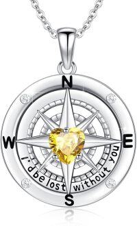 wholesale 925 Sterling Silver 12 Birthstones Nautical Compass Necklace for Women-11-November-Citrine