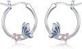 wholesale 925 Sterling Silver Hypoallergenic Blue & Pink Enamel Butterfly Flower Huggie Hoop Earrings-0-0