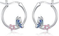 wholesale 925 Sterling Silver Hypoallergenic Blue & Pink Enamel Butterfly Flower Huggie Hoop Earrings-Butterfly