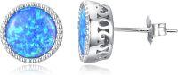 wholesale 925 Sterling Silver Blue Opal Round Heart Engraved Stud Earrings 10mm for Women Gift-Blue