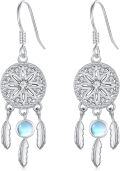 wholesale 925 Sterling Silver Moonstone & Feather Drop Dreamcatcher Earrings for Women and Girls-0-0