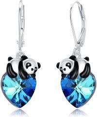 wholesale 925 Sterling Silver Blue Crystal Panda Heart Drop Earrings-Panda