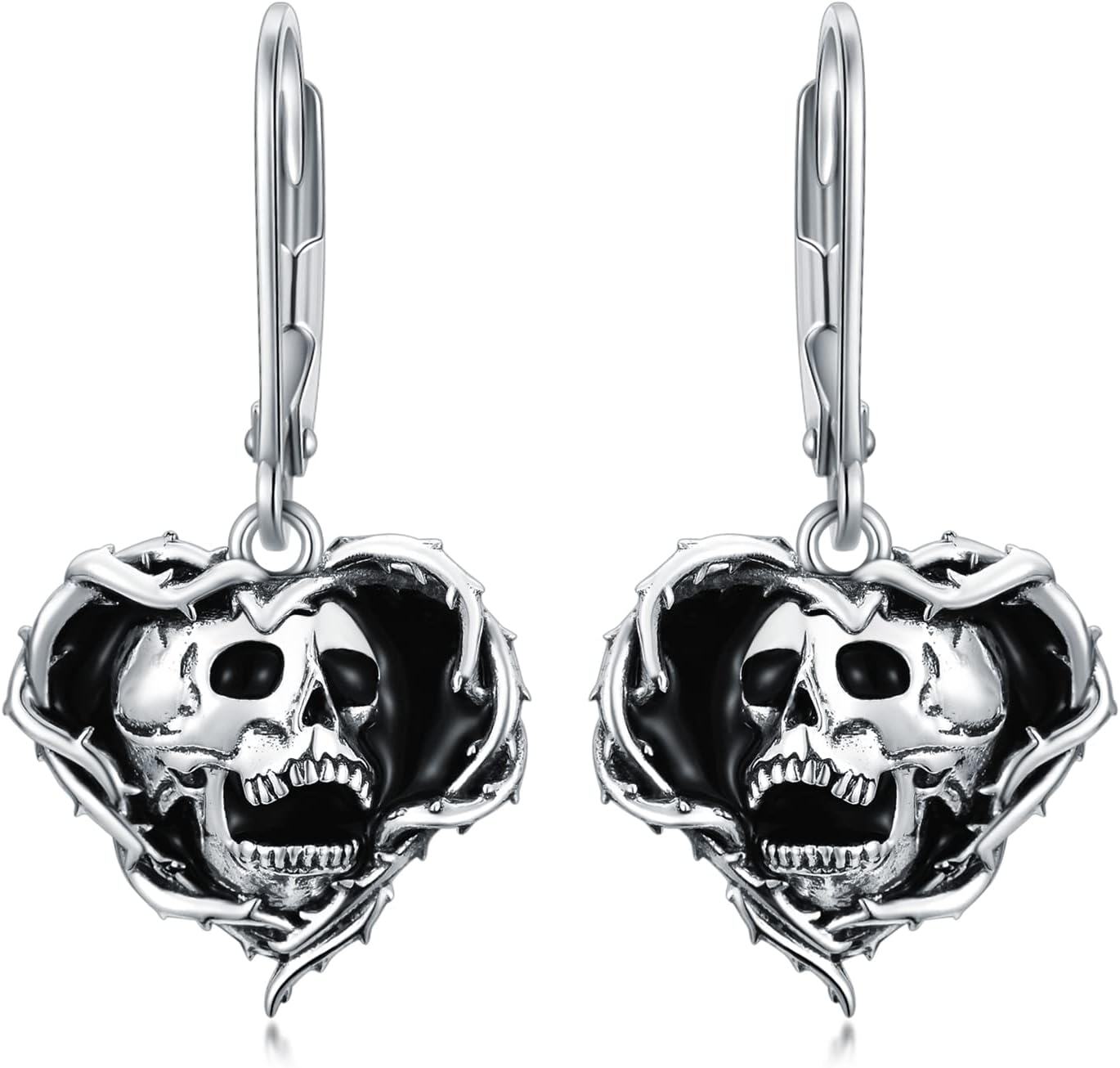 925 Sterling Silver Black Enamel Heart with Skull Pendant Leverback Drop Earrings - Gothic Punk Style  for Men & Women (Halloween)-0-0