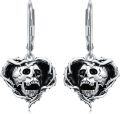 wholesale 925 Sterling Silver Black Enamel Heart with Skull Pendant Leverback Drop Earrings - Gothic Punk Style  for Men & Women (Halloween)-0-0