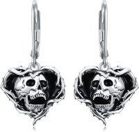 wholesale 925 Sterling Silver Black Enamel Heart with Skull Pendant Leverback Drop Earrings - Gothic Punk Style  for Men & Women (Halloween)-Skull A