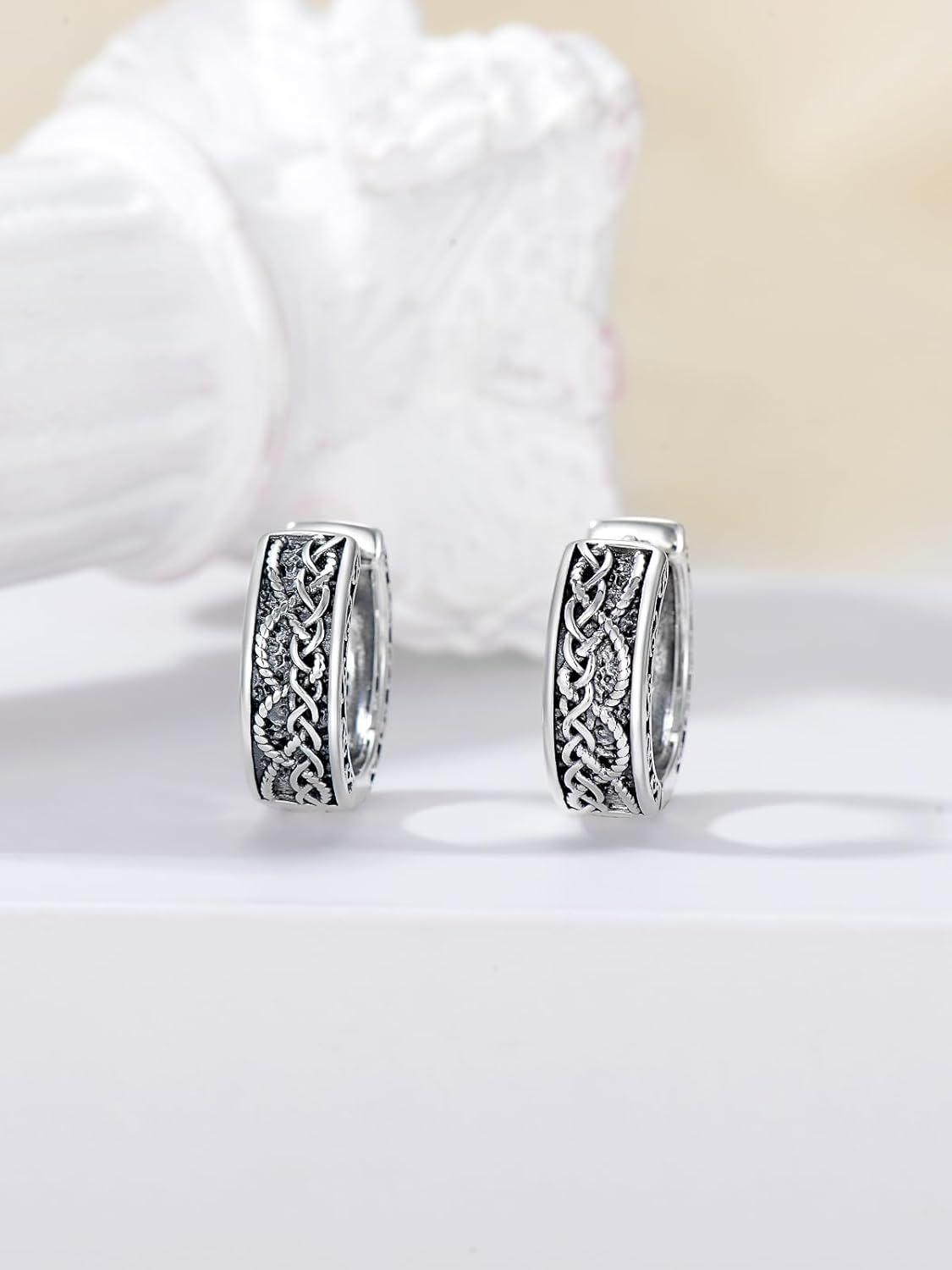 Sterling Silver Viking Earrings Huggie Hoop with Stone Vintage Jewelry Gifts for Men Women Boys Girls-0-4