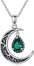 wholesale 925 Sterling Silver Crescent Moon with Pear Cut Emerald Pendant Necklaces for Women-0-0