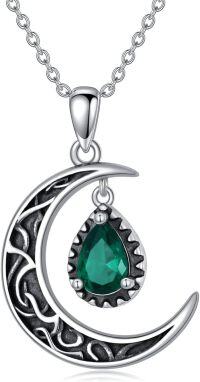 wholesale 925 Sterling Silver Crescent Moon with Pear Cut Emerald Pendant Necklaces for Women-Green