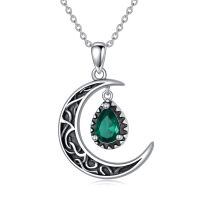 wholesale 925 Sterling Silver Crescent Moon with Pear Cut Emerald Pendant Necklaces for Women-Green