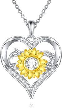 wholesale Gold-Plated 925 Sterling Silver Heart-Shaped Sunflower Pendant Necklace with Cubic Zirconia Accents-Silver-Heart Sunflower