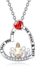 wholesale 925 Sterling Silver Heart-Shaped Red Crystal Pendant Necklace with Family of Four Design - Mother's Day Gift for Mom and Daughter/Son-0-0