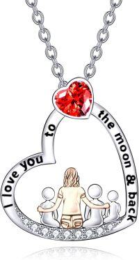 wholesale 925 Sterling Silver Heart-Shaped Red Crystal Pendant Necklace with Family of Four Design - Mother's Day Gift for Mom and Daughter/Son-Mom and Three Daughters or Sons
